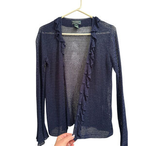 Lauren Ralph Lauren Hand Knit Cardigan Sweater Women M Blue Ruffle Long Sleeves